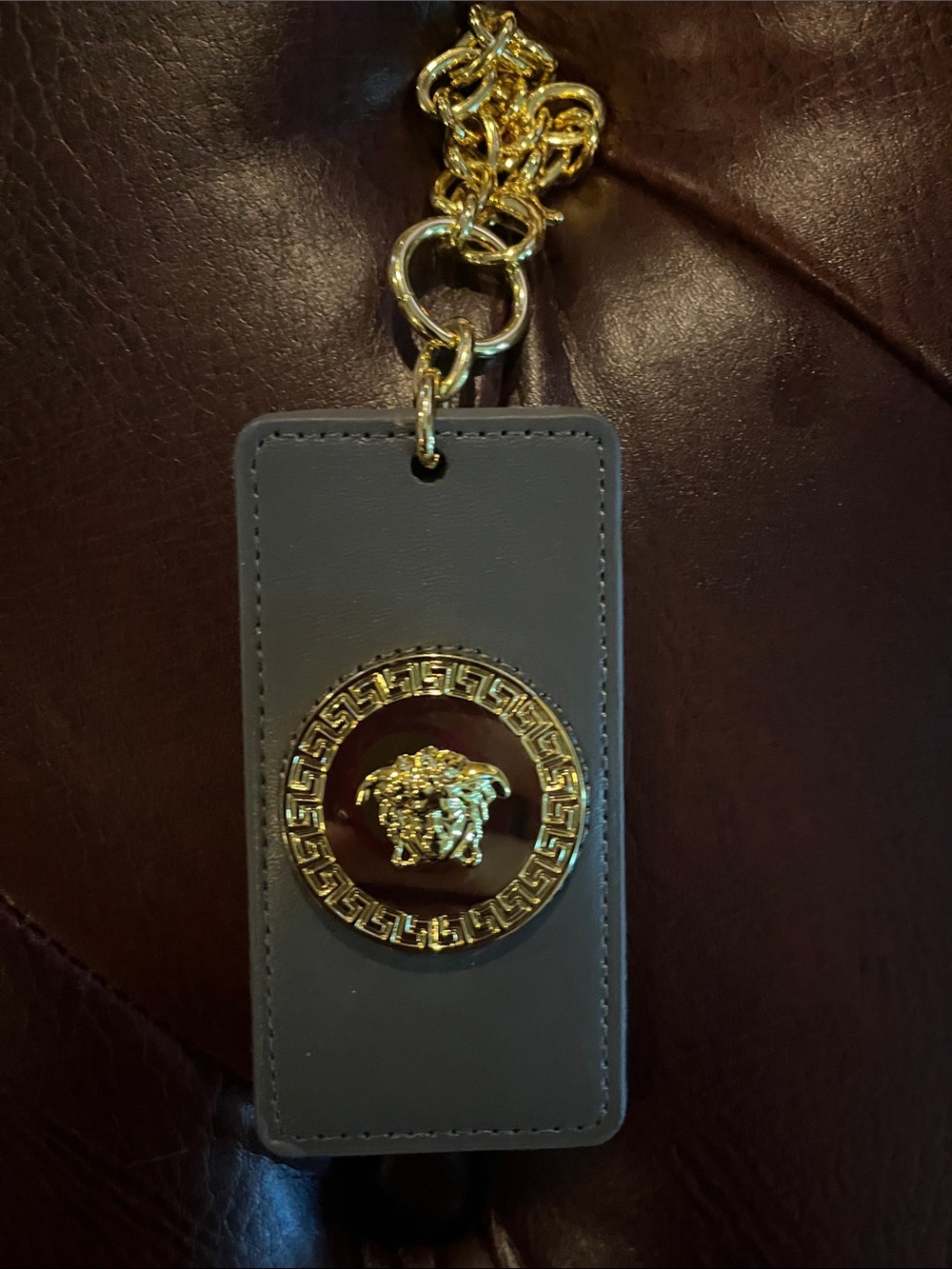 Versace luggage tag /Gray Leather Key holder with Gold Chain